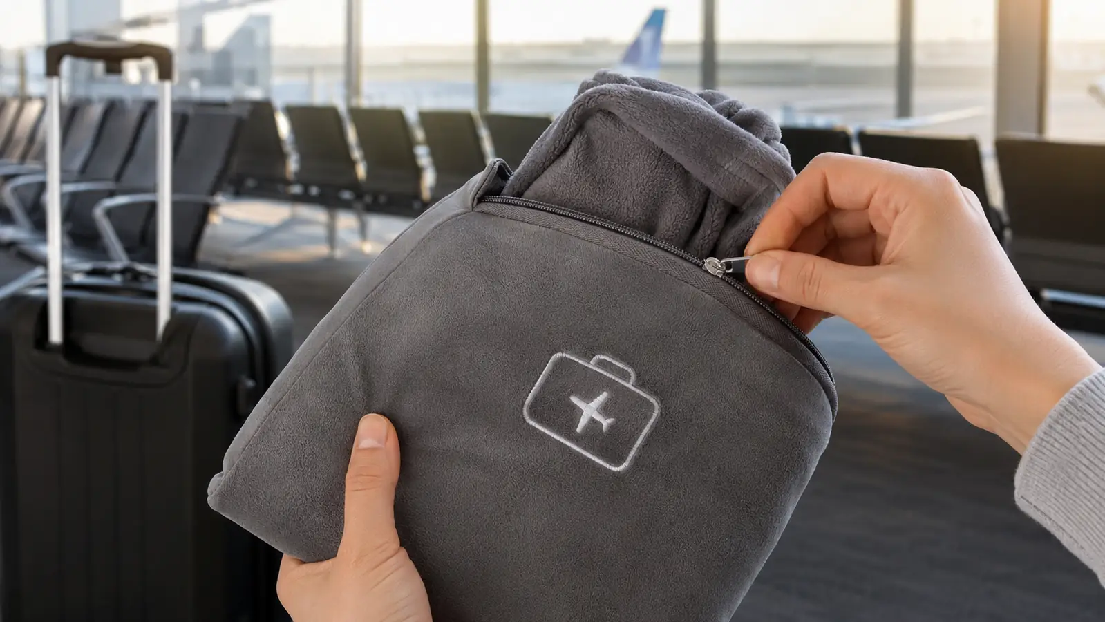 Hands pulling the EverSnug Travel Blanket and Pillow out of its zippered pillowcase carry bag