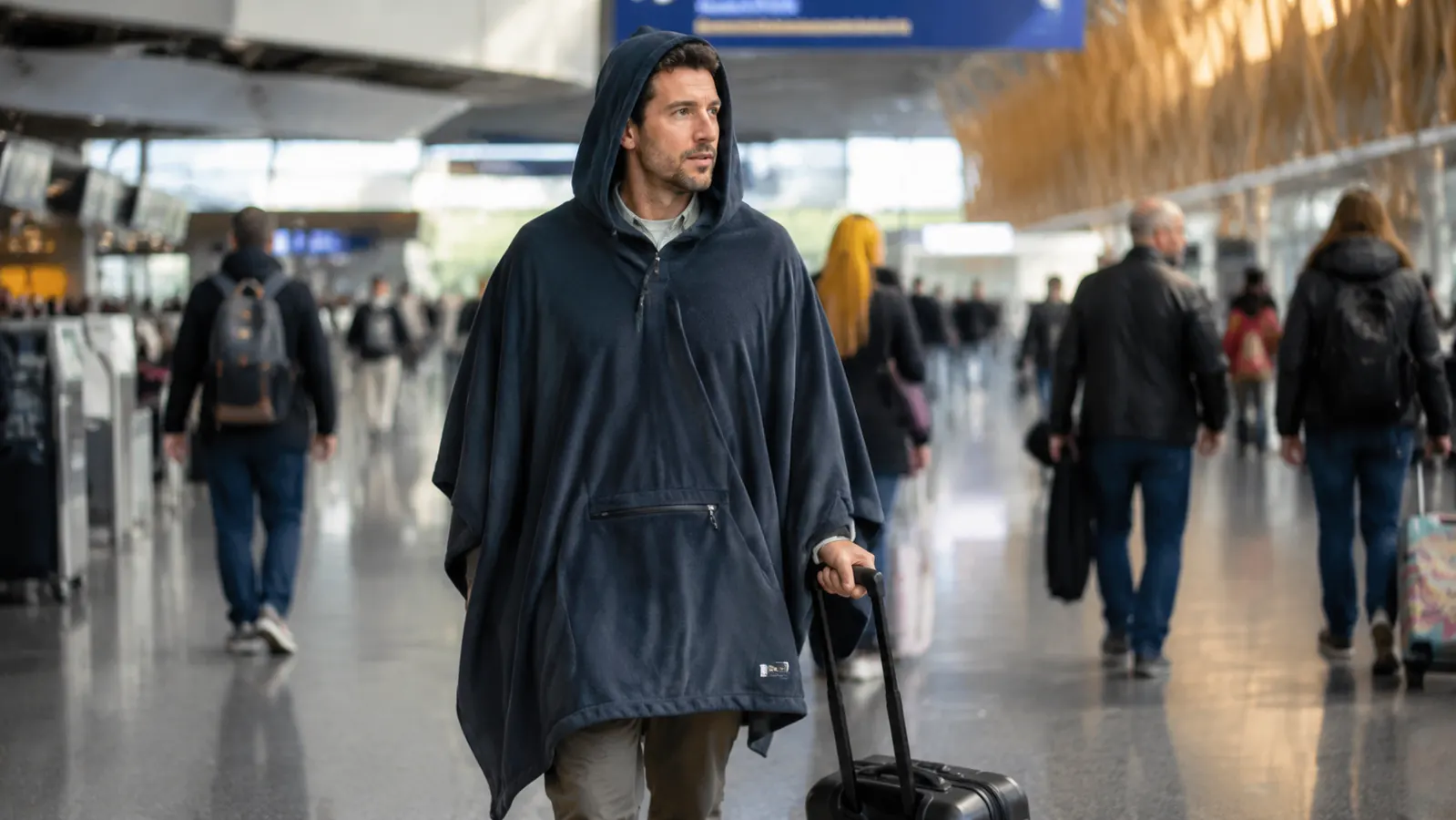 Traveler wearing a hooded travel blanket like a poncho while walking through an airport terminal