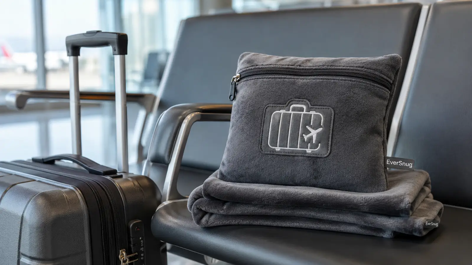EverSnug travel blanket and pillow set folded on an airport seat next to a carry-on bag