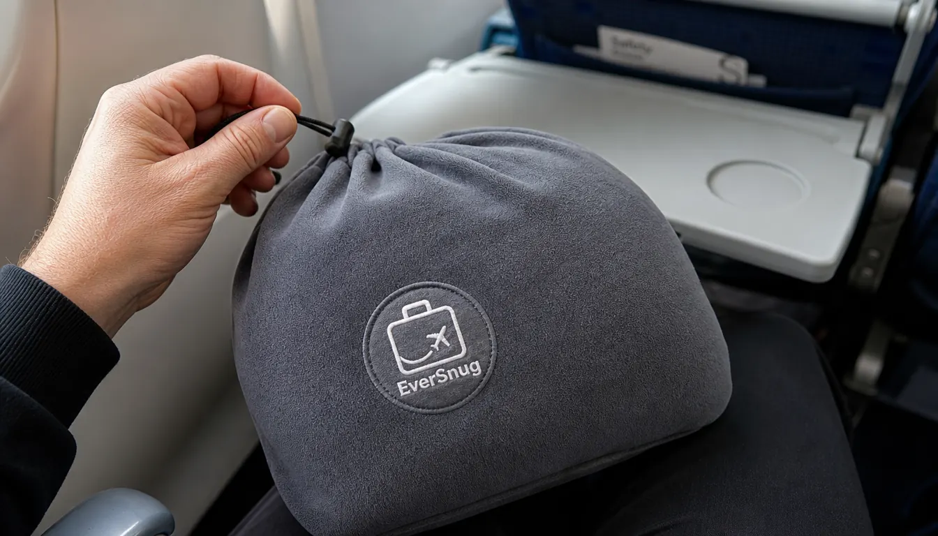 Hand pulling the drawstring closed on the EverSnug's pillow pouch after repacking the blanket