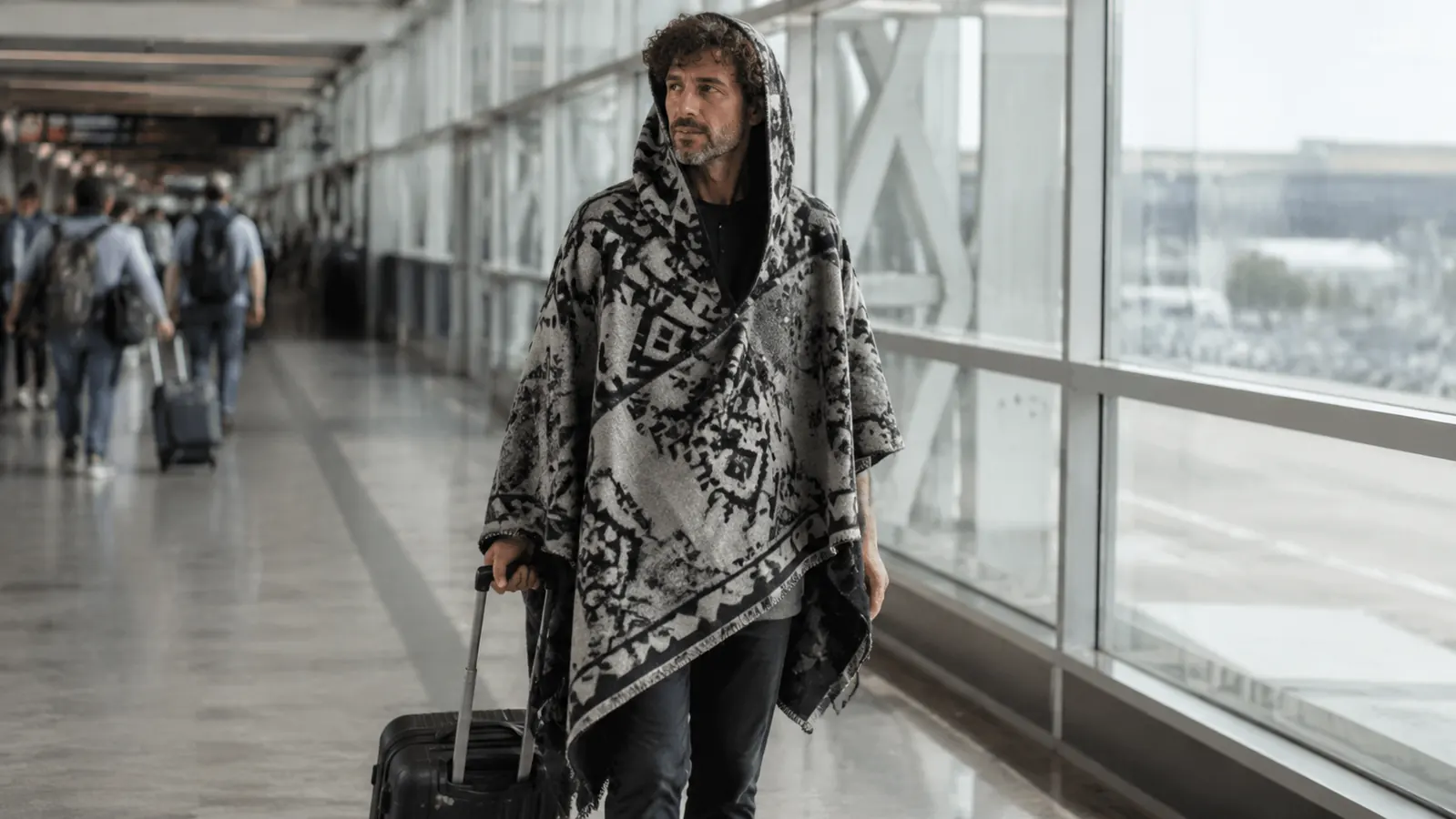 Traveler wearing the EverSnug as a hooded poncho while walking through an airport terminal near a gate sign