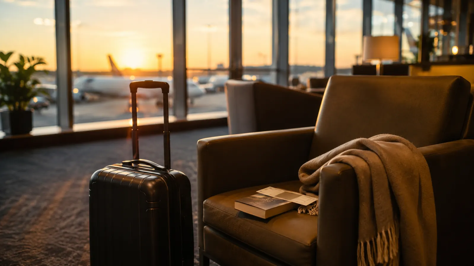 A packable travel blanket draped over an airport lounge chair beside a carry-on bag near a sunlit window