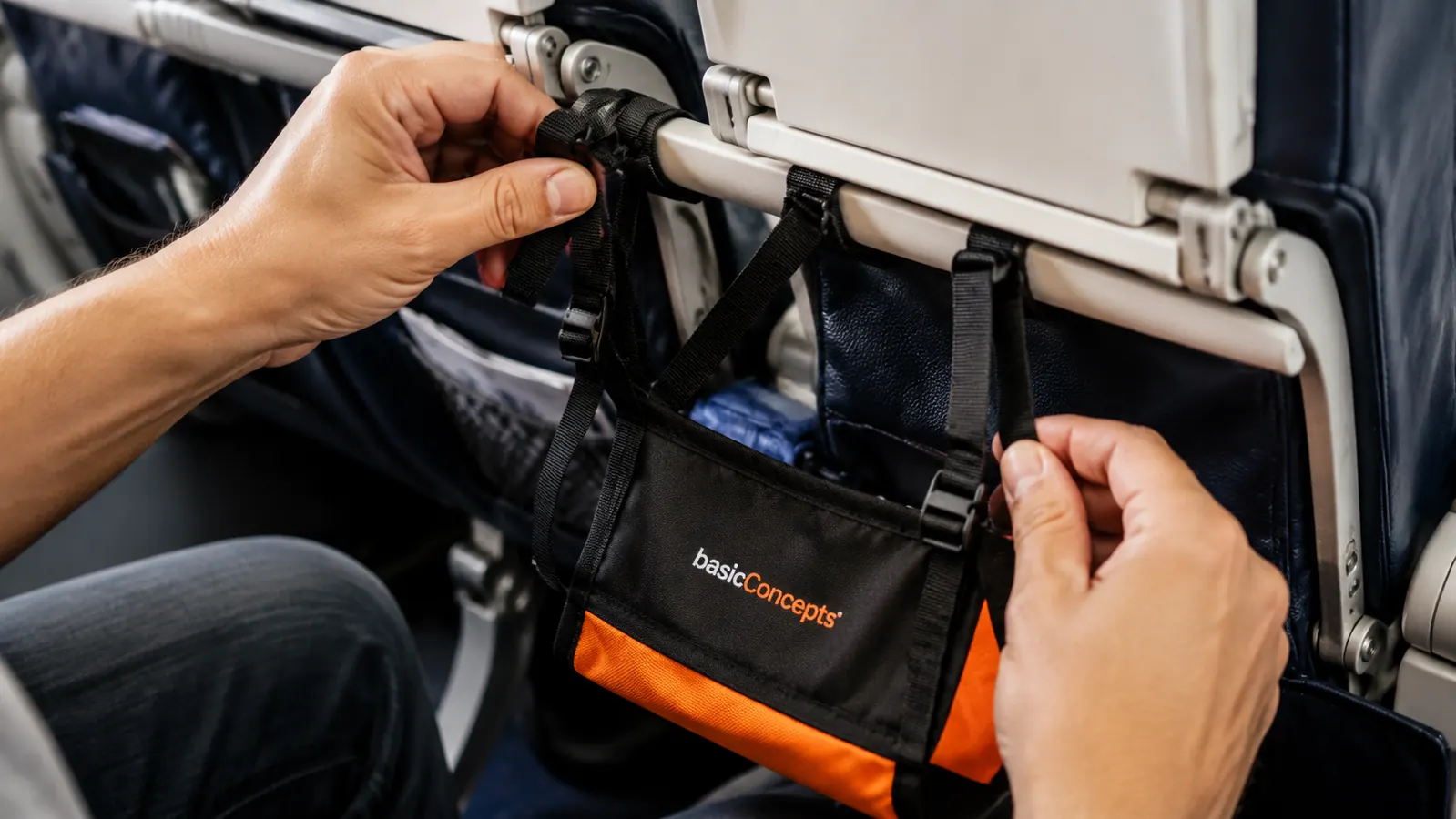 Close-up of hands adjusting the straps of a BASIC CONCEPTS foot hammock around an airplane tray table arm before takeoff