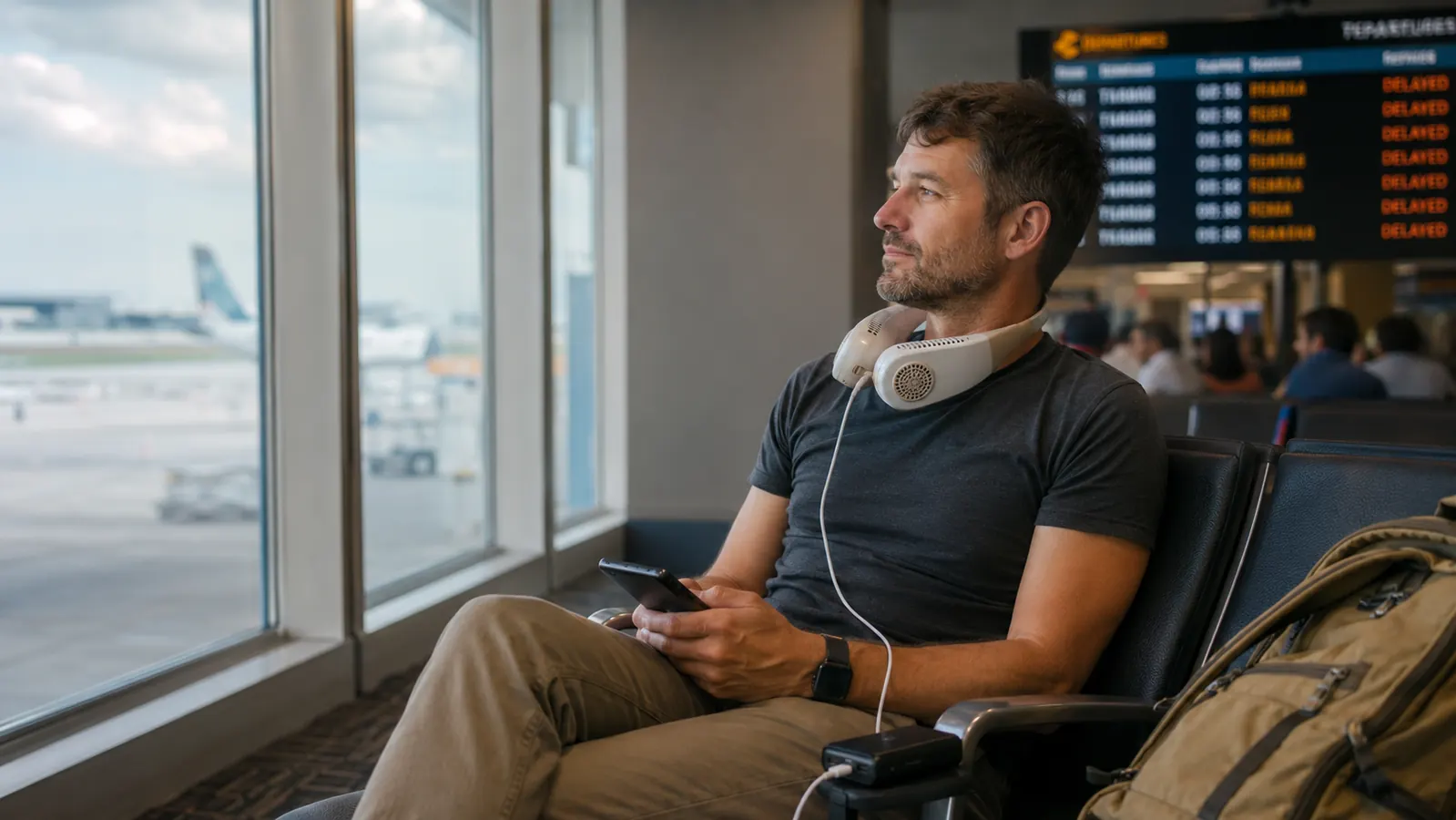 Traveler relaxed at a gate charging a neck fan from a portable battery pack while waiting for a delayed boarding call