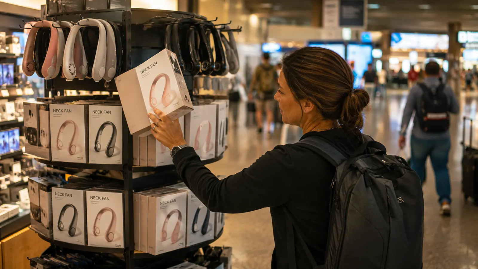 Airport tech kiosk display with portable neck fans and travel gadgets for sale