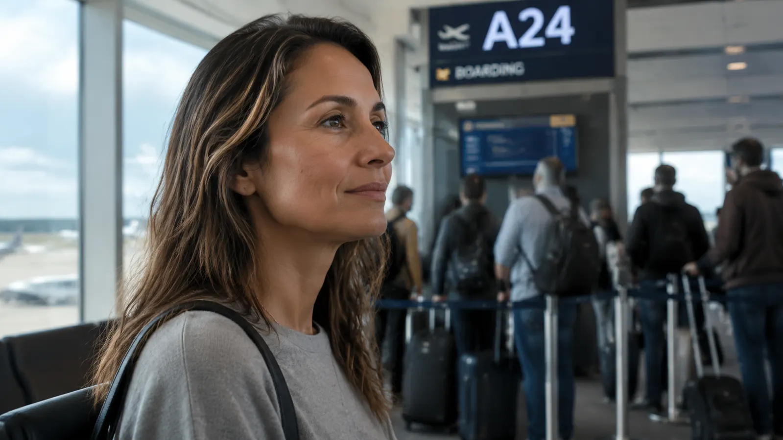 Traveler relaxing at the gate with a neck fan on, finally cool and calm before boarding