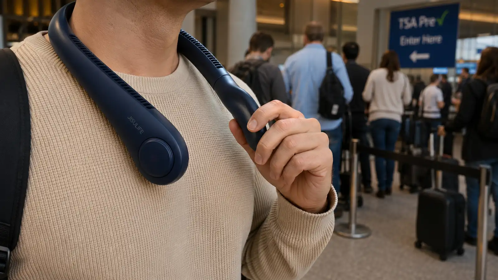 Hand adjusting the JISULIFE neck fan's hinge while wearing it around the neck in a security line