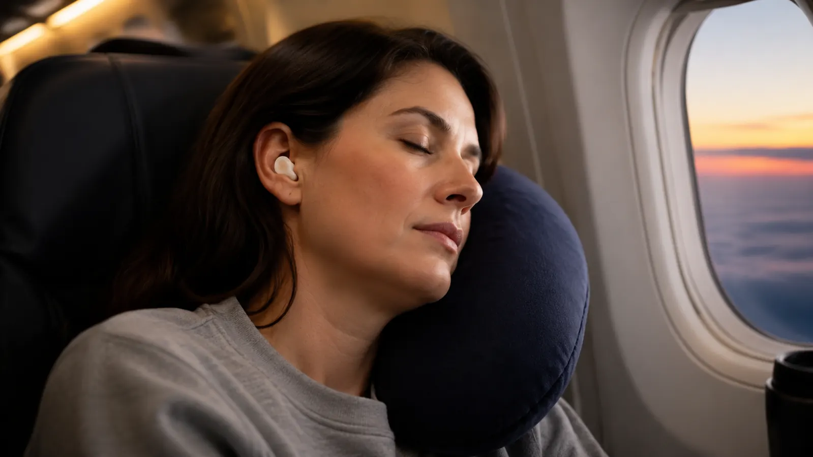Woman asleep in an airplane window seat with a silicone earplug visible pressed over her ear