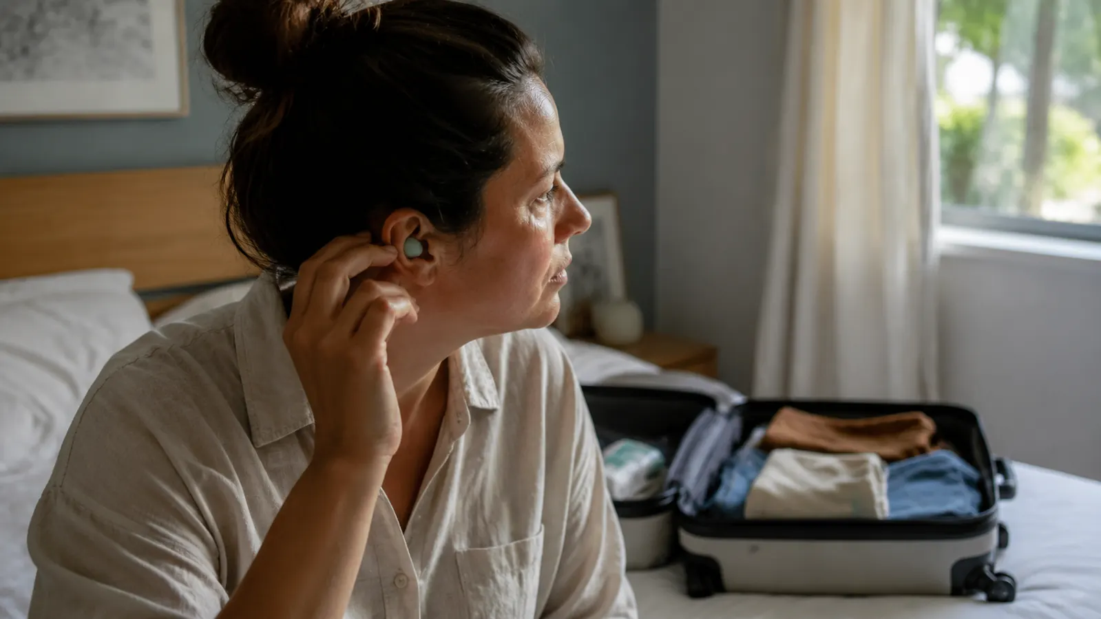 Traveler removing a residue-free Mack's earplug from their ear in daylight while packing a carry-on bag