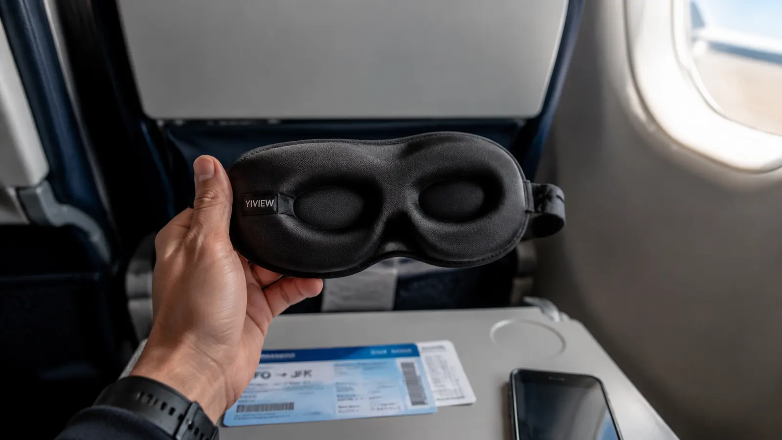 Close-up of a hand holding the YIVIEW 3D contoured sleep mask next to an airplane tray table and boarding pass