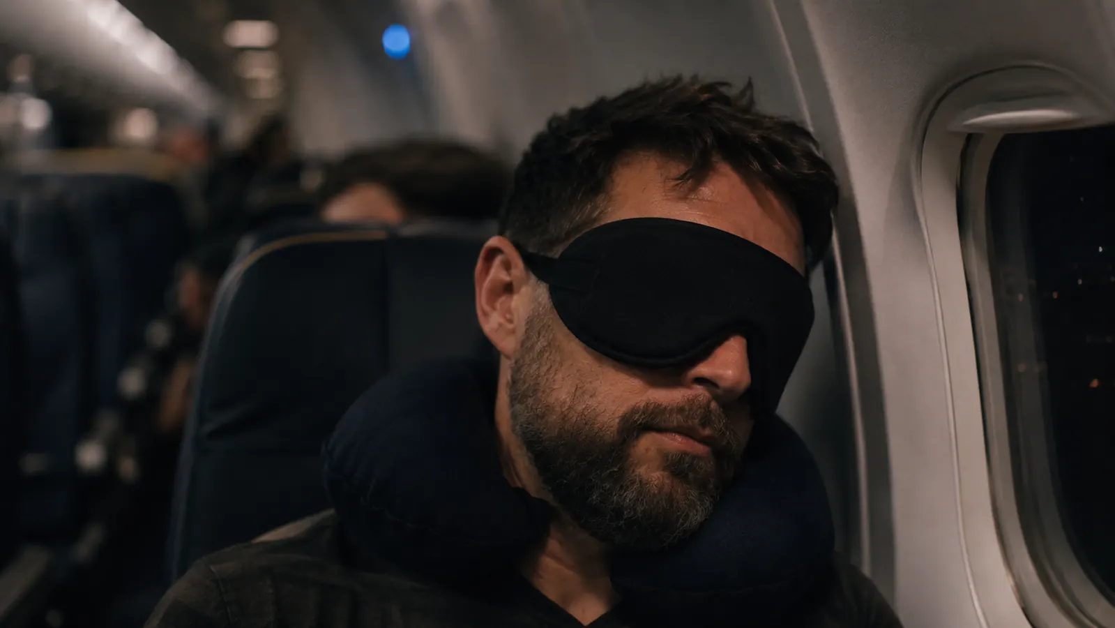 Person sleeping on a red-eye flight wearing a contoured sleep mask with a neck pillow
